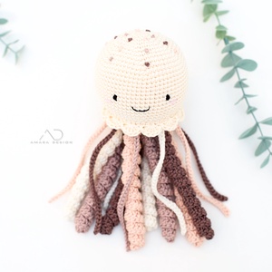 Horgolt NAGY polip hímzett pötyökkel - krém/barna , Baba - mama, Babalátogató ajándékcsomag, Horgolás, Hímzés, MESKA