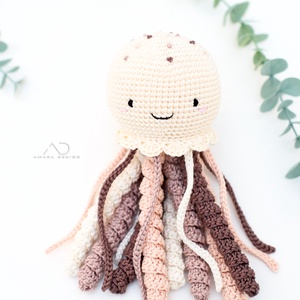 Horgolt NAGY polip hímzett pötyökkel - krém/barna  - baba - mama - babalátogató ajándékcsomag - Meska.hu