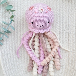 Horgolt NAGY rózsaszín polip hímzett virágokkal - baba - mama - babalátogató ajándékcsomag - Meska.hu