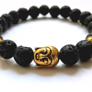 Lávakő ásványkarkötő, aromaterápiás ásványkarkötő arany színű Buddha díszítéssel, egyedi ásványkarkötő - ékszer - karkötő - gyöngyös karkötő - Meska.hu
