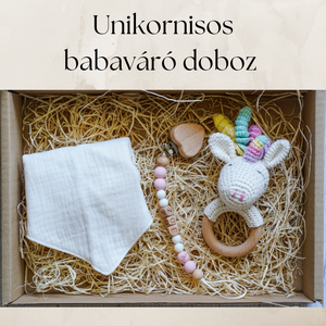 Horgolt unikornisos babaváró doboz/babaváró ajándék (cumilánc saját névvel) - játék & sport - babalátogató ajándékcsomag - Meska.hu