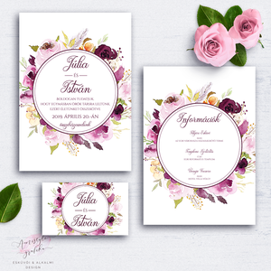 Esküvői Meghívó Készlet, Bordó Burgundy Virágos, Elegáns Esküvői Meghívó Lap, Kézzel Festett Esküvői Grafika, Rusztikus - Meska.hu