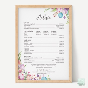 Floral árlista falidekor, Szalon árlista, Virágos akvarell árlista - Több méretben, Otthon & Életmód, Papír, írószer, Névjegykártya, Fotó, grafika, rajz, illusztráció, Festészet, MESKA