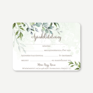 Ajándékutalvány A6 méretben - Boho Greenery - Zöldleveles design  egyoldalas, szépségszalonokba, stúdiókba, rendelőkbe, Otthon & Életmód, Papír, írószer, Ajándékozás kellékei, Képeslap, üdvözlőlap, Fotó, grafika, rajz, illusztráció, Festészet, MESKA