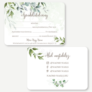 Ajándékutalvány, kétoldalas, A6 - Boho Greenery - természetközeli design, szalonokba, stúdiókba, üzletbe, rendelőbe, Otthon & Életmód, Papír, írószer, Ajándékozás kellékei, Képeslap, üdvözlőlap, Fotó, grafika, rajz, illusztráció, Festészet, MESKA