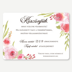 Csomagkísérő Köszönőkártya  Roses - egyoldalas, A6, akvarell design, webáruházaknak, csomagküldéshez, szappankészítő, Otthon & Életmód, Papír, írószer, Ajándékozás kellékei, Ajándékzsák, csomagolás, Fotó, grafika, rajz, illusztráció, Festészet, MESKA
