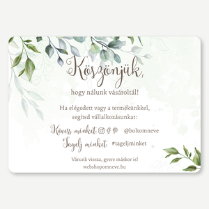 Csomagkísérő Köszönőkártya  Greenery - egyoldalas, A6, termékforgalmazóknak, designermárkáknak, webshopoknak, cégeknek, Otthon & Életmód, Papír, írószer, Ajándékozás kellékei, Ajándékzsák, csomagolás, Fotó, grafika, rajz, illusztráció, Festészet, MESKA