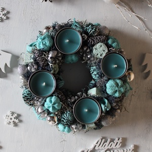 Adventi koszorú mécsesekkel (türkizkék-ezüst) - karácsony - adventi díszek - adventi koszorú - Meska.hu