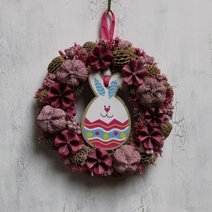 Kicsi húsvéti kopogtató nyuszi figurával (rózsaszín), Otthon & Lakás, Dekoráció, Ajtó- és ablak dekoráció, Ajtódísz & Kopogtató, Virágkötés, MESKA