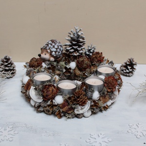 Sünis adventi koszorú mécsesekkel (barna-fehér) - karácsony - adventi díszek - adventi koszorú - Meska.hu