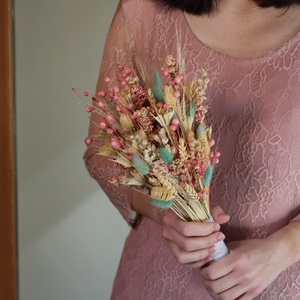 Menyasszonyi csokor szárazvirágokból (rózsaszín-türkiz-natúr), Esküvő, Menyasszonyi- és dobócsokor, Virágkötés, MESKA