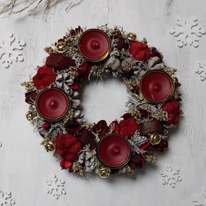 Adventi koszorú mécsesekkel (fehér-sötétpiros-arany) - karácsony - adventi díszek - adventi koszorú - Meska.hu
