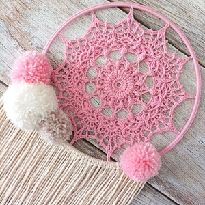 Horgolt mandala rózsaszín álomfogó falidísz - otthon & életmód - dekoráció - fali és függő dekoráció - álomfogó - Meska.hu