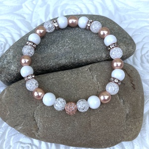 LUXURY fehér és rosegold ásványgyöngy karkötő - ékszer - karkötő - gyöngyös karkötő - Meska.hu