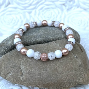 LUXURY fehér és rosegold ásványgyöngy karkötő - ékszer - karkötő - gyöngyös karkötő - Meska.hu