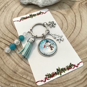 Üveglencsés fém bojtos ásvány kulcstartó - Hóember medálokkal Karácsony ajándékozásra kész - Meska.hu