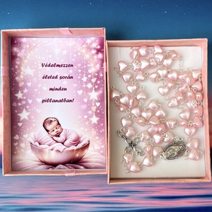 Keresztelő ajándék öttizedes rózsafüzér díszdobozban kísérő szöveggel lány gyermeknek 5588324 - Meska.hu