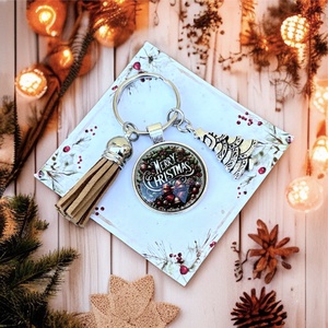 Üveglencsés fém bojtos karécsonyi kulcstartó ajándékozásra kész celofánba csomagolva 5664916, Táska & Tok, Kulcstartó & Táskadísz, Kulcstartó, Ékszerkészítés, Üvegművészet, MESKA
