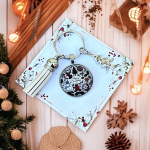 Üveglencsés fém bojtos karécsonyi kulcstartó ajándékozásra kész celofánba csomagolva 5664918, Táska & Tok, Kulcstartó & Táskadísz, Kulcstartó, Ékszerkészítés, Üvegművészet, MESKA