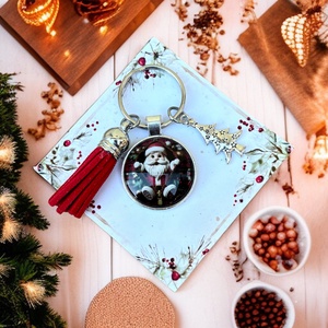 Üveglencsés fém bojtos karécsonyi kulcstartó ajándékozásra kész celofánba csomagolva 5664920, Táska & Tok, Kulcstartó & Táskadísz, Kulcstartó, Ékszerkészítés, Üvegművészet, MESKA