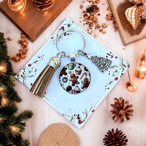 Üveglencsés fém bojtos karécsonyi kulcstartó ajándékozásra kész celofánba csomagolva 5664929, Táska & Tok, Kulcstartó & Táskadísz, Kulcstartó, Ékszerkészítés, Üvegművészet, MESKA