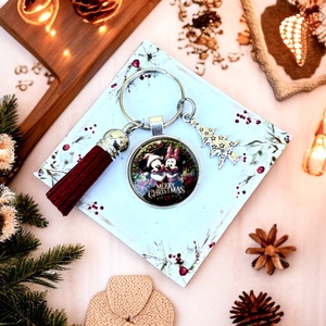 Üveglencsés fém bojtos karécsonyi kulcstartó ajándékozásra kész celofánba csomagolva 5664932, Táska & Tok, Kulcstartó & Táskadísz, Kulcstartó, Ékszerkészítés, Üvegművészet, MESKA