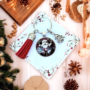 Üveglencsés fém bojtos karécsonyi kulcstartó ajándékozásra kész celofánba csomagolva 5664935, Táska & Tok, Kulcstartó & Táskadísz, Kulcstartó, Ékszerkészítés, Üvegművészet, MESKA