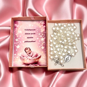 Keresztelő ajándék öttizedes rózsafüzér díszdobozban kísérő szöveggel lány gyermeknek  - Meska.hu