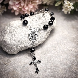 Szent Kristóf autós rózsafüzér, tizedes rózsafüzér fekete csiszolt Ónix ásványból - Meska.hu