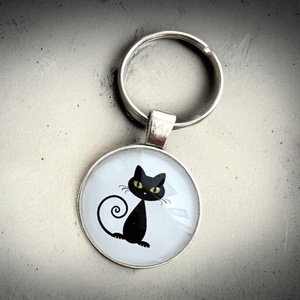 Üveglencsés fém kulcstartó - Cica fekete macska, Táska & Tok, Kulcstartó & Táskadísz, Kulcstartó, Ékszerkészítés, Üvegművészet, MESKA