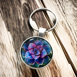 Üveglencsés fém kulcstartó - Virág kék lila, Táska & Tok, Kulcstartó & Táskadísz, Kulcstartó, Ékszerkészítés, MESKA