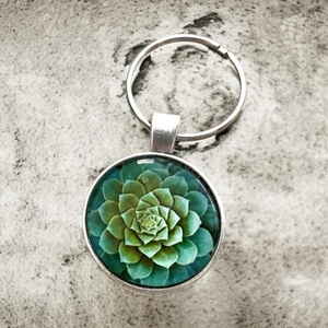 Üveglencsés fém kulcstartó - Virág zöld kövirózsa, Táska & Tok, Kulcstartó & Táskadísz, Kulcstartó, Ékszerkészítés, MESKA