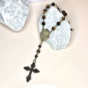 Fazettált tigrisszem autós rózsafüzér, tizedes rózsafüzér bronz, Otthon & Életmód, Vallás, Lánc & Füzér, Ékszerkészítés, Gyöngyfűzés, gyöngyhímzés, MESKA