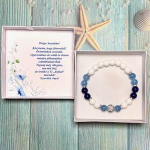 Örömanya szülőköszöntő ajándék ásvány karkötő shamballa dísszel díszdobozban kísérő szöveggel kék fehér - Meska.hu