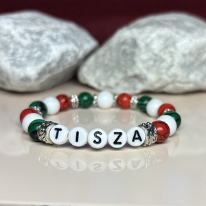 Magyar nemzeti színű ásvány karkötő TISZA felirattal 15 cm - Meska.hu
