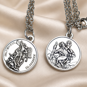 Szent Mihály arkangyal és Szent Kristóf kétoldalas amulett medál talizmán nemesacél kapcsos láncon 5726777 - Meska.hu