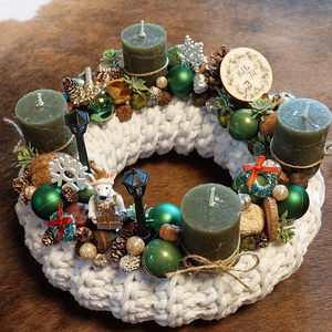 Horgol Zöld Fehér Egeres Adventi Koszorú - karácsony - adventi díszek - adventi koszorú - Meska.hu