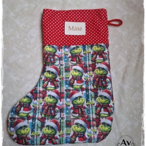 Névre szóló mikulás csizma, Karácsony, Karácsonyi lakásdekoráció, Karácsonyi ajtódíszek, Varrás, Rendelhető egyedi, névre szóló Grinch mintás Mikulás csizma! 

Lepd meg gyermekedet, unokádat vagy ..., MESKA