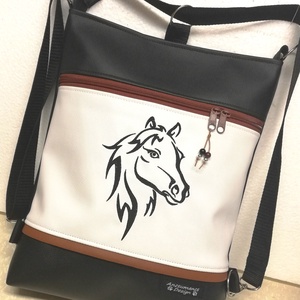 3in1 hímzett lovas női hátizsák divattáska oldaltáska fekete-fehér - táska & tok - variálható táska - Meska.hu