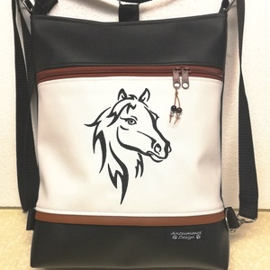 3in1 hímzett lovas női hátizsák divattáska oldaltáska fekete-fehér - táska & tok - variálható táska - Meska.hu