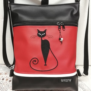 Hímzett cicás 3in1 hátizsák szett univerzális táska fekete-piros neszivel - táska & tok - hátizsák - hátizsák - Meska.hu