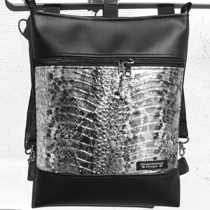  3in1 csillogó hüllőmintás ezüst-fekete női hátizsák oldaltáska , Táska & Tok, Variálható táska, Varrás, Meska
