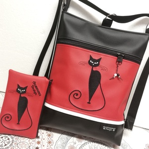 Hímzett cicás 3in1 hátizsák szett univerzális táska fekete-piros neszivel - táska & tok - hátizsák - hátizsák - Meska.hu
