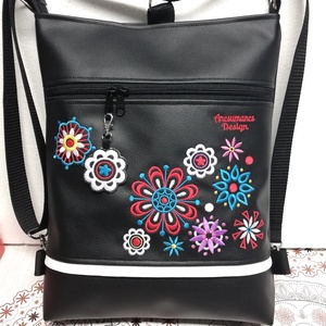Virágmandalák fekete alapon hímzett 3in1 hátizsák univerzális táska, Táska & Tok, Variálható táska, Varrás, Hímzés, MESKA