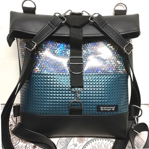 Roll top univerzális táska hátizsák fekete-türkíz-hologram - táska & tok - hátizsák - roll top hátizsák - Meska.hu