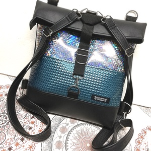 Roll top univerzális táska hátizsák fekete-türkíz-hologram - táska & tok - hátizsák - roll top hátizsák - Meska.hu