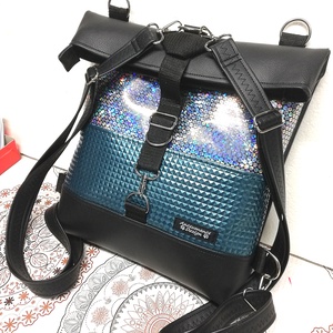 Roll top univerzális táska hátizsák fekete-türkíz-hologram - táska & tok - hátizsák - roll top hátizsák - Meska.hu