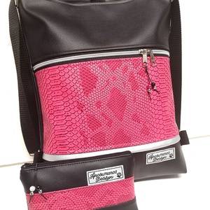 3in1 fekete metál hüllőmintás pink női hátizsák oldaltáska szett neszivel - táska & tok - hátizsák - hátizsák - Meska.hu