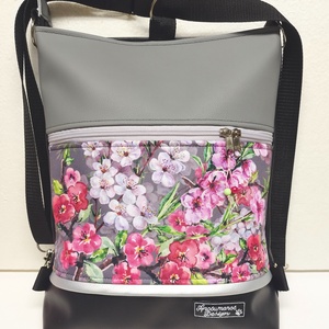 Cseresznye virágok 3in1 textilbőr hátizsák,univerzális táska, szürke fekete alapon cordura díszítéssel - táska & tok - variálható táska - Meska.hu