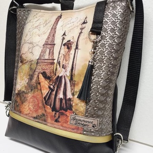 Hölgy Párizsban - hátulzsebes 3in1 textilbőr hátizsák univerzális táska 30x35cm - táska & tok - variálható táska - Meska.hu